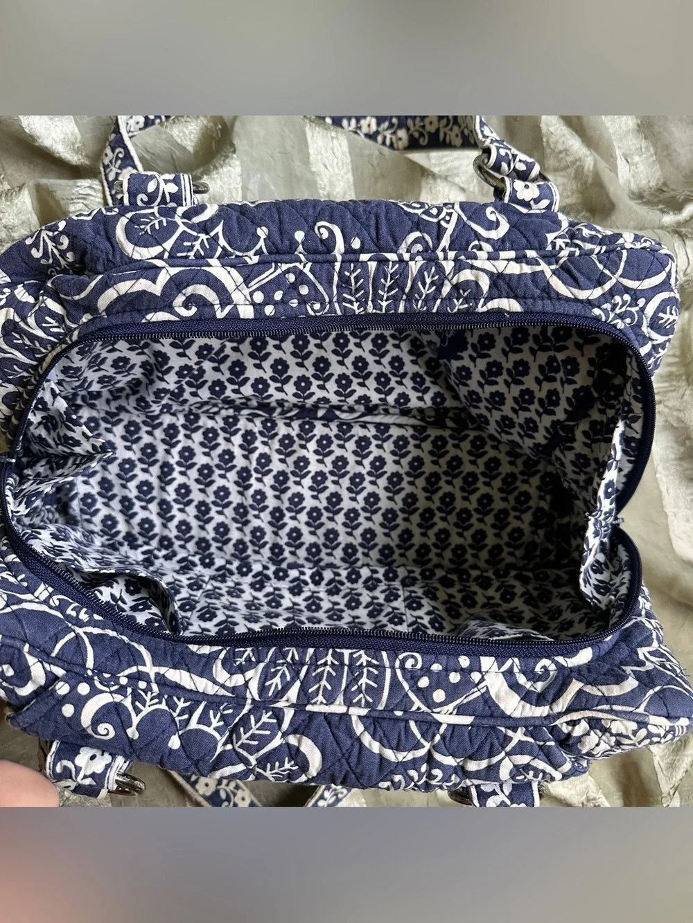 Vera Bradley Twirly Bird Blue Navy and White Quilted Floral Shoulder Bag
